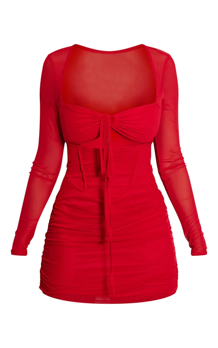 Shape Red Mesh Corset Detail Cut Out Bodycon Dress 7 Shape Red Mesh Corset Detail Cut Out Bodycon Dress - Image 5