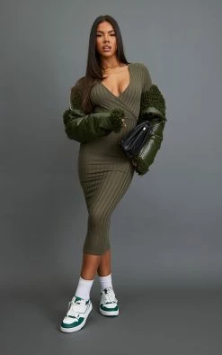 Khaki Rib Wrap Midi Dress With Flared Cuff -US Dresses Sales Store 01c2072a921df62aa80578291e26de605209c9a2 cnc1137 1
