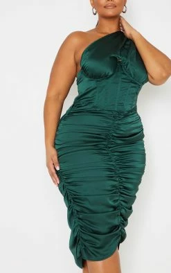 Plus Emerald Green One Shoulder Corset Ruched Satin Midi Dress -US Dresses Sales Store 029f2281680349e2e24906341787d26257f2b5d2 cmu1335 5