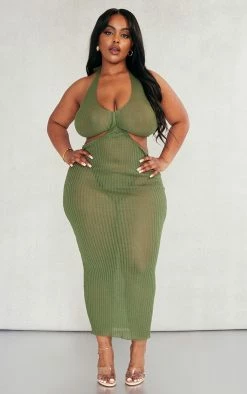 Plus Khaki Sheer Knit Cross Halter Neck Midi Dress -US Dresses Sales Store 03a078a1ef3943bfc719c430145e0147d9d8aa2c cnc7957 3