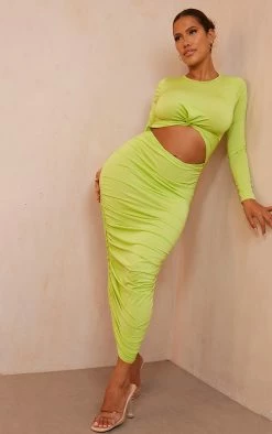 Shape Lime Long Sleeve Ruched Cut Out Midaxi Dress