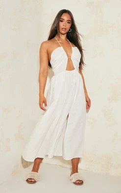 White Linen Look Halterneck Plunge Midaxi Dress