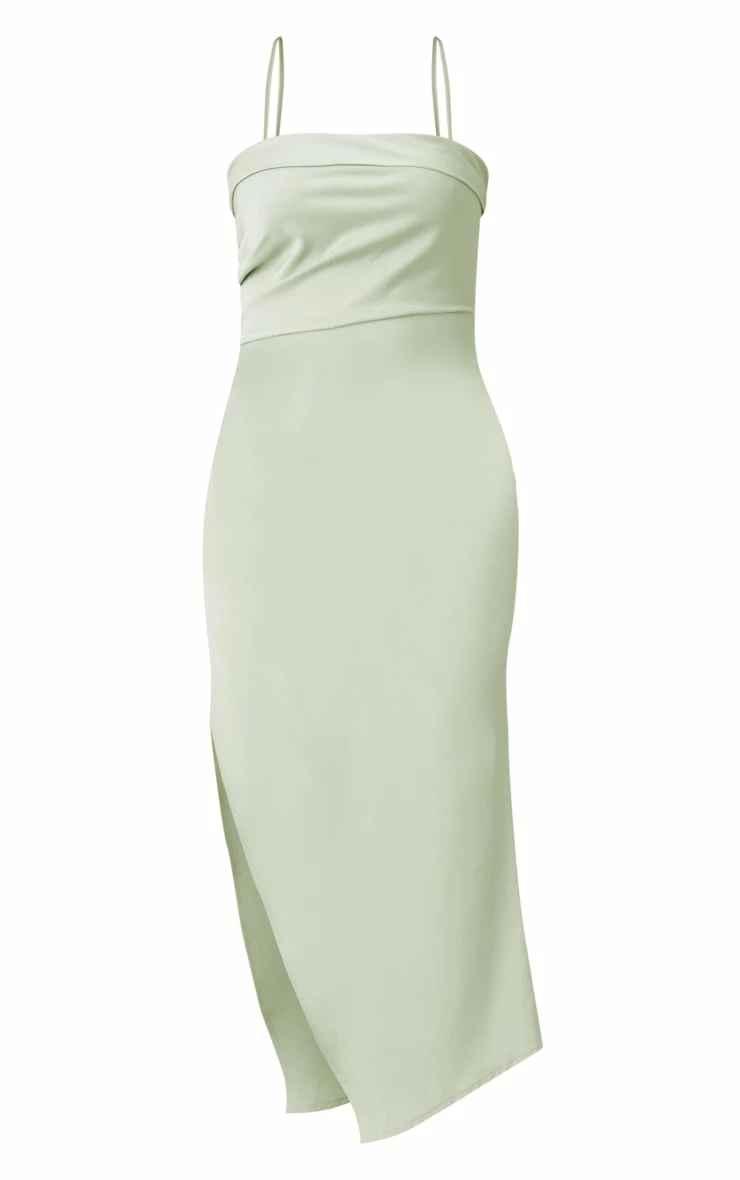 Sage Satin Fold Over Detail Ruched Strappy Midi Dress 7 Sage Satin Fold Over Detail Ruched Strappy Midi Dress - Image 5