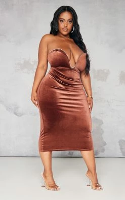 Plus Chocolate Velvet Diamante Trim Plunge Midi Dress