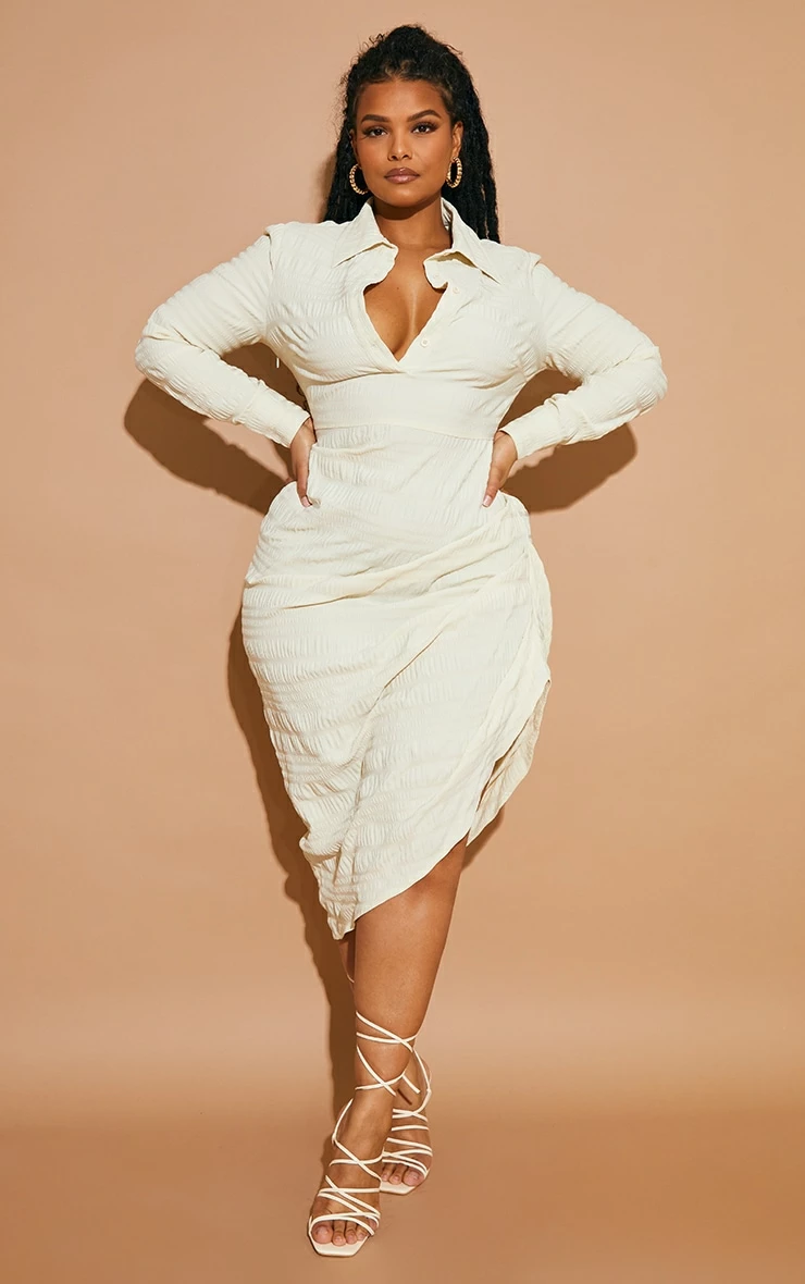 Plus Stone Textured Ruched Side Midi Shirt Dress 3 Plus Stone Textured Ruched Side Midi Shirt Dress