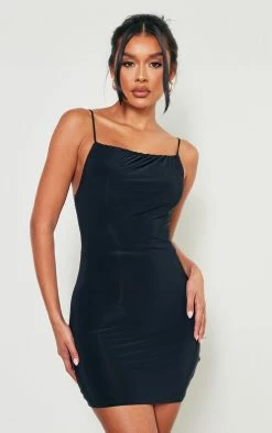 Black Slinky Ruched Strap Detail Bodycon Dress