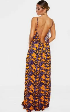 Orange Shadow Leaf Low Back Oversized Maxi Beach Dress