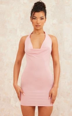 Blush Slinky Cowl Lettuce Hem Detail Halter Bodycon Dress