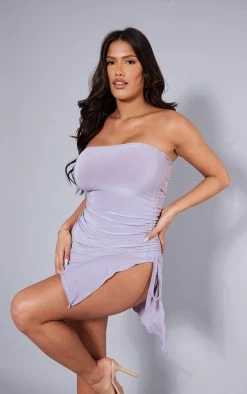 Shape Mauve Slinky Bandeau Ruched Side Frill Hem Bodycon Dress
