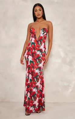 Tall Pink Floral Print Plunge Maxi Dress
