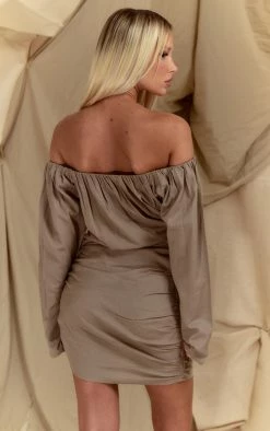 Mushroom Linen Look Ruched Bardot Bodycon Dress -US Dresses Sales Store 08d1b0f4b55c689eef91a7713b7f696128cbf61a cnd7647 2