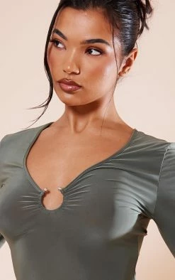 Khaki Slinky Trim Detail Long Sleeve Bodycon Dress -US Dresses Sales Store 08e667549a54afafe752e8e25c3ded7967e57df6 cnc5771 4