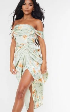 Sage Green Floral Print Satin Draped Bardot Midi Dress -US Dresses Sales Store 0ae0a61a67c8bf866e4057d5421d6b4d2d323ca3 cmq6545 5