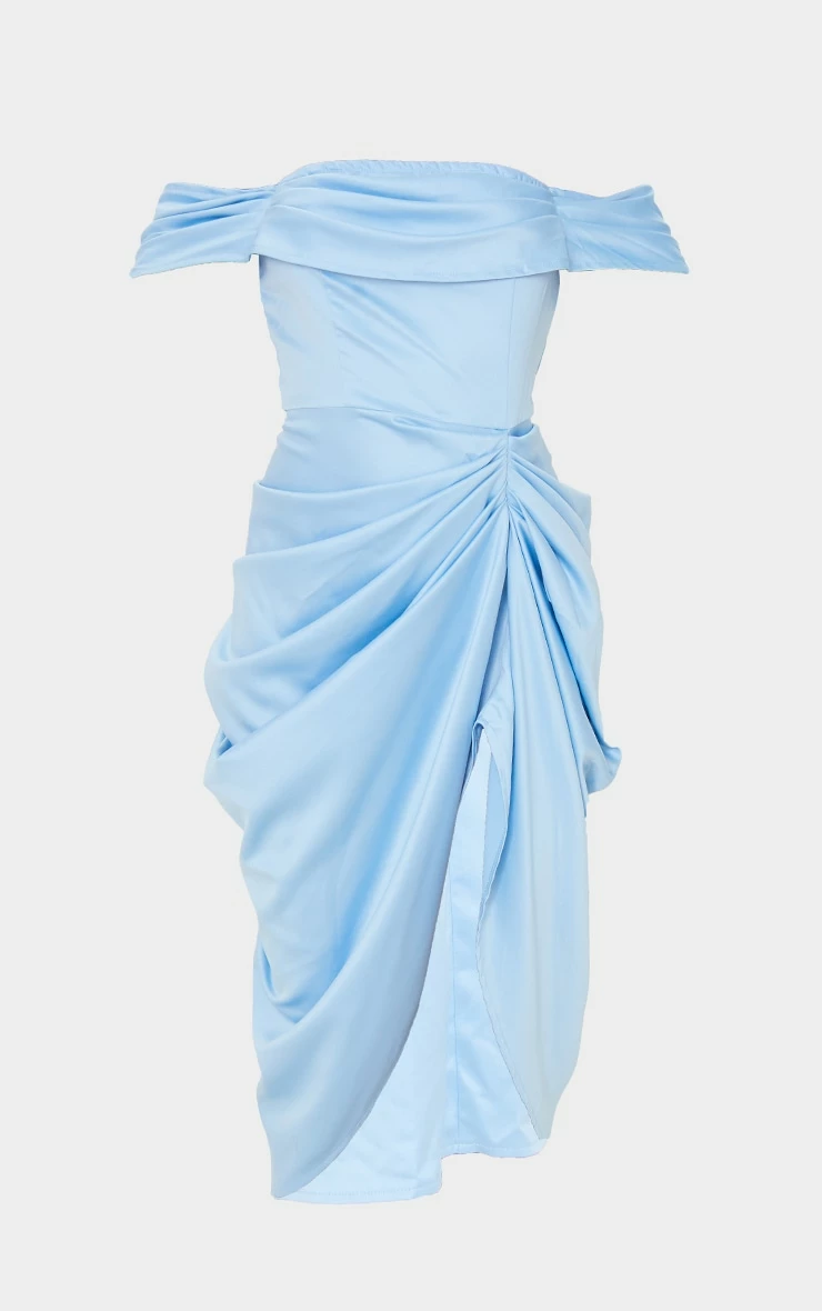 Blue Satin Draped Bardot Midi Dress 7 Blue Satin Draped Bardot Midi Dress - Image 5