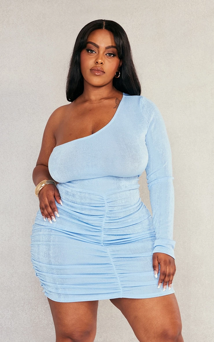 Plus Light Blue Acetate Slinky One Shoulder Bodycon Dress 5 Plus Light Blue Acetate Slinky One Shoulder Bodycon Dress - Image 3