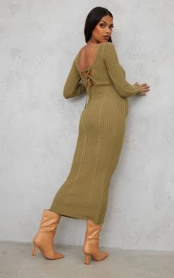 Maternity Khaki Knitted Midaxi Tie Back Bodycon Dress