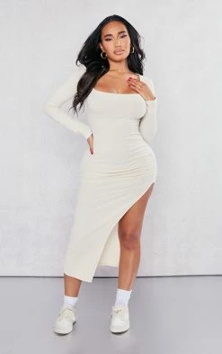 Shape Stone Brushed Rib Square Neck Split Side Midi Dress