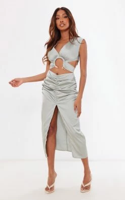 Sage Satin Plunge Snake Trim Detail Midi Dress