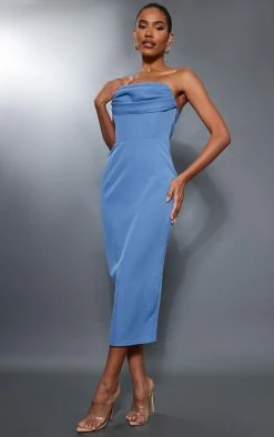 Mineral Blue Cowl Neck Bandeau Corset Midi Dress