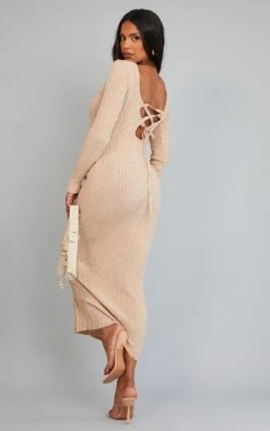 Maternity Oatmeal Knitted Midaxi Tie Back Bodycon Dress