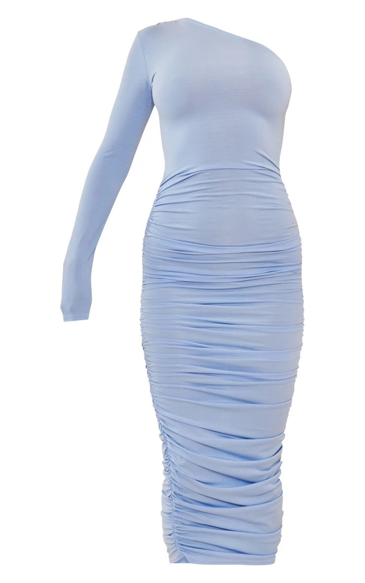 Light Blue Slinky One Shoulder Ruched Midi Dress 7 Light Blue Slinky One Shoulder Ruched Midi Dress - Image 5