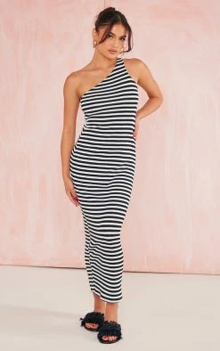 Monochrome Stripe Textured One Shoulder Maxi Dress