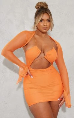 Shape Bright Orange Shape Mesh Lace Up Detail Overlay Bodycon Dress