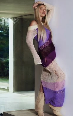 Lilac Abstract Open Knit Distressed Maxi Dress