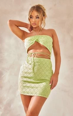 Sage Broderie Anglaise Cut Out Strap Detail Bodycon Dress