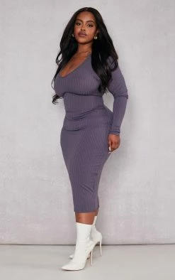 Plus Charcoal Rib Scoop Neck Long Sleeve Midi Dress -US Dresses Sales Store 128baed31c3cb735f16714b74db3125610d82b8f cnc5153 3