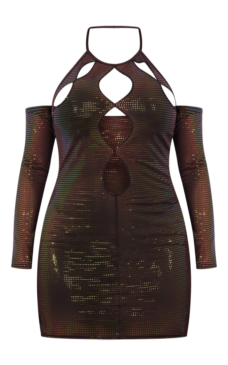 Shape Chocolate Brown Glitter Mesh Cut Out Front Bardot Sleeve Bodycon Dress 7 Shape Chocolate Brown Glitter Mesh Cut Out Front Bardot Sleeve Bodycon Dress - Image 5