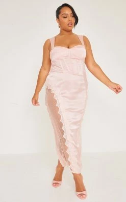 Plus Dusty Pink Lace Trim Corset Midi Dress
