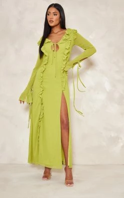 Tall Lime Long Sleeve Frilled Maxi Dress