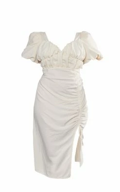 Plus Cream Puff Sleeve Ruched Side Split Midi Dress -US Dresses Sales Store 14c69b5511b13791c21e0f5a2def10f2901748d7 cnc5208 5
