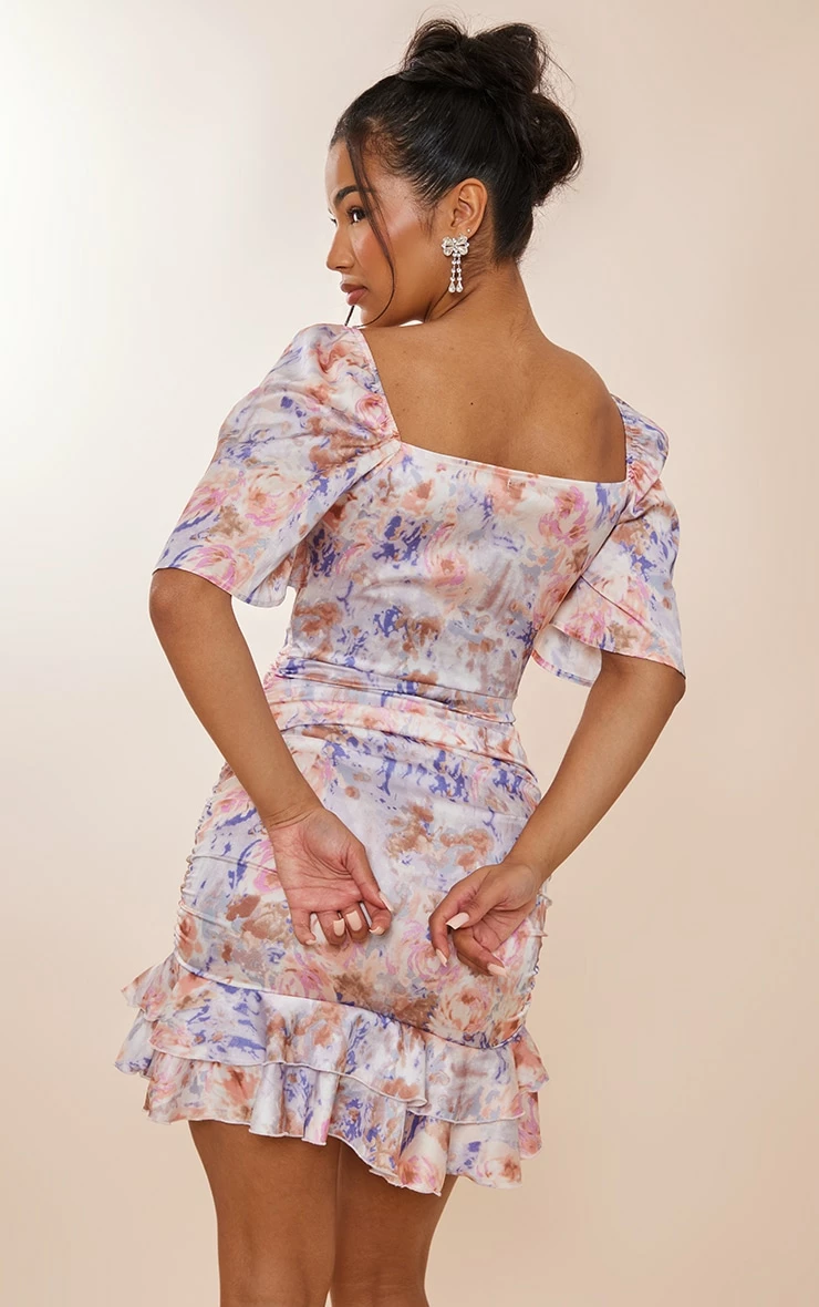 Pink Tie Dye Print Satin Ruched Side Frill Hem Bodycon Dress 4 Pink Tie Dye Print Satin Ruched Side Frill Hem Bodycon Dress - Image 2