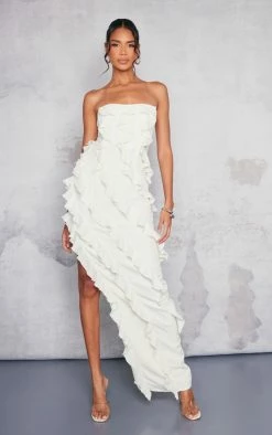 Cream Bandeau Asymmetric Frill Detail Maxi Dress