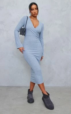 Grey Rib Wrap Midi Dress With Flared Cuff