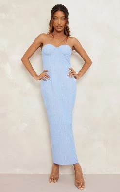 Light Blue Linen Look Bandeau Underwired Midaxi Dress