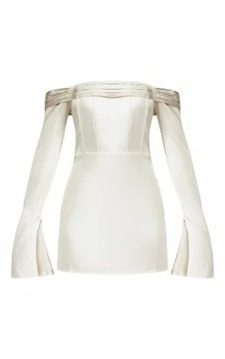 Champagne Satin Pleat Detail Bardot Flared Sleeve Shift Dress -US Dresses Sales Store 175a7474d5eb47f0f1a86f2d82aefdd628474bfe cnc6160 5