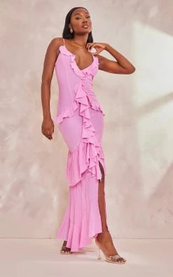Tall Pink Textured Frill Maxi Dress