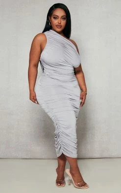 Plus Grey Slinky Ruched One Shoulder Longline Midi Dress