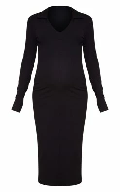 Maternity Black Crinkle Rib Plunge Midi Polo Dress -US Dresses Sales Store 189e8d3a35c9a79d031ea5ac00a186115568ff8f cnb6514 5