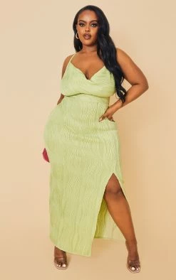 Plus Sage Green Textured Cowl Neck Side Split Midi Dress