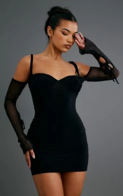 Black Slinky Ruched Bust Mesh Cut Out Sleeve Bodycon Dress