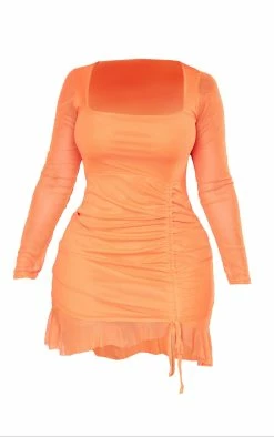 Shape Bright Orange Mesh Long Sleeve Ruched Side Frill Hem Bodycon Dress -US Dresses Sales Store 1b31e1bc97ba304f2684b78e690159c13f2dfe2c cne2641 5