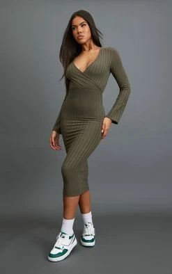 Khaki Rib Wrap Midi Dress With Flared Cuff