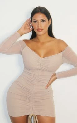 Shape Stone Mesh Ruched Bardot Bodycon Dress