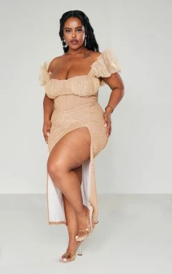 Plus Champagne Bardot Organza Ruffle Detail Glitter Midi Dress -US Dresses Sales Store 1c23b1b35a900e32cd3171d83f722aba801bee67 cna8272 3