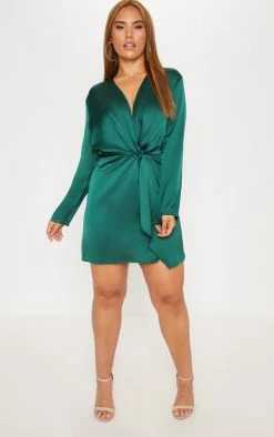 Plus Emerald Green Satin Long Sleeve Wrap Dress -US Dresses Sales Store 1ca8fec31f9abe04a9ca5288027b9466351c3314 cly4982 4
