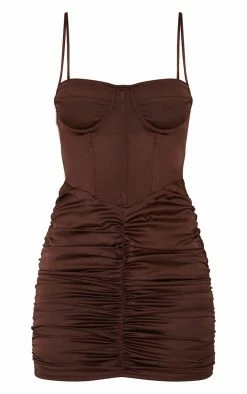 Chocolate Satin Strappy Corset Detail Ruched Skirt Bodycon Dress -US Dresses Sales Store 1df513b99b9b8c3417ba0b6fbf375ad70b99c3a9 cmt0369 6